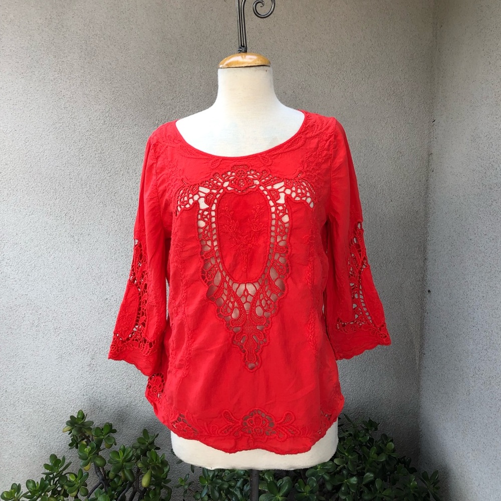 Boho orange cotton top cutouts embroidery M